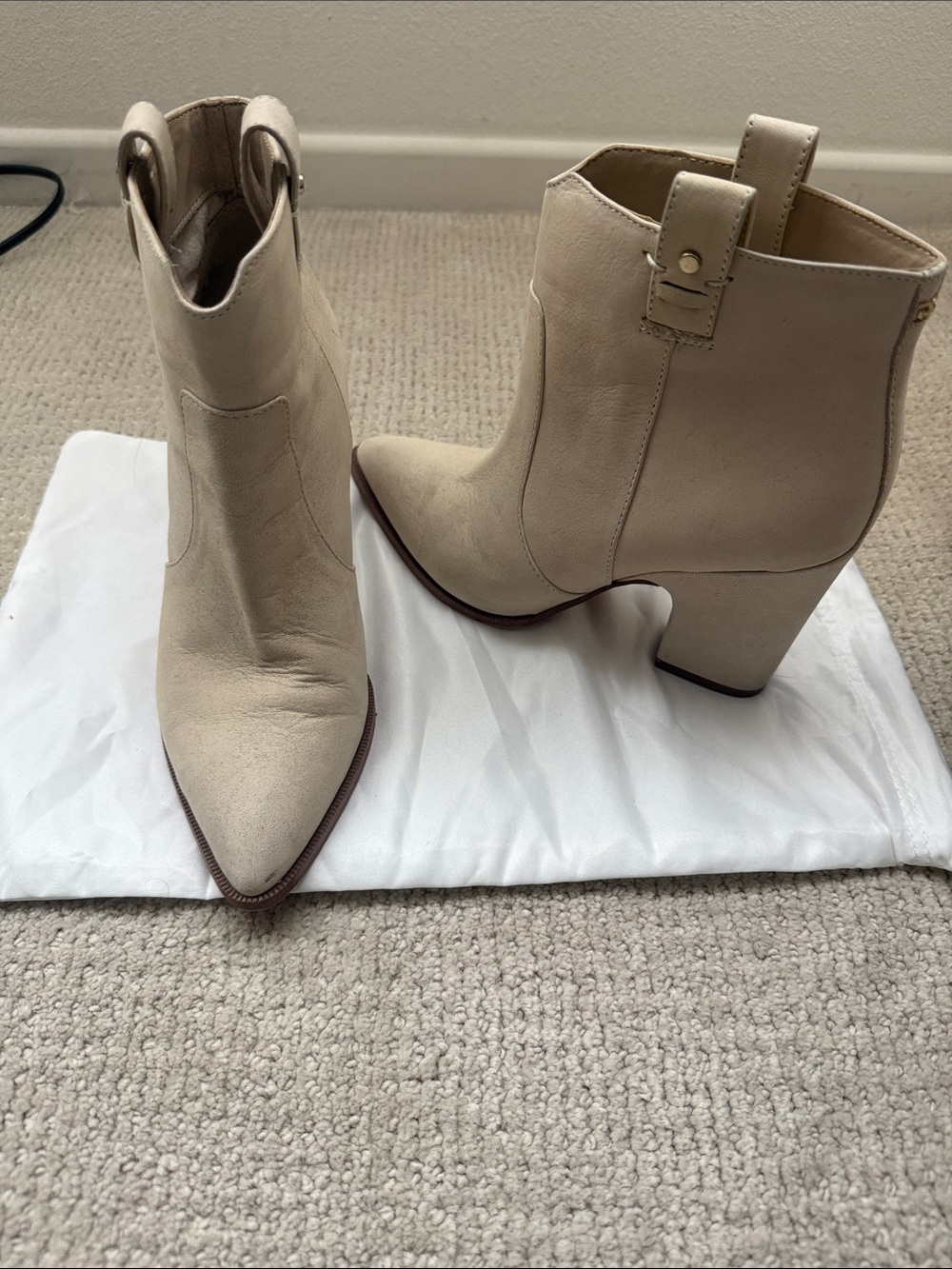 Sam Edelman Cream Suede Pointed Toe Ankle Booties with Block Heel